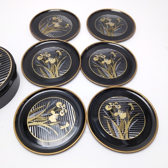 Vintage 1985 Iris at Dusk 6pc Japanese Laquerwear Coasters in Box Set - Picture 3 of 10